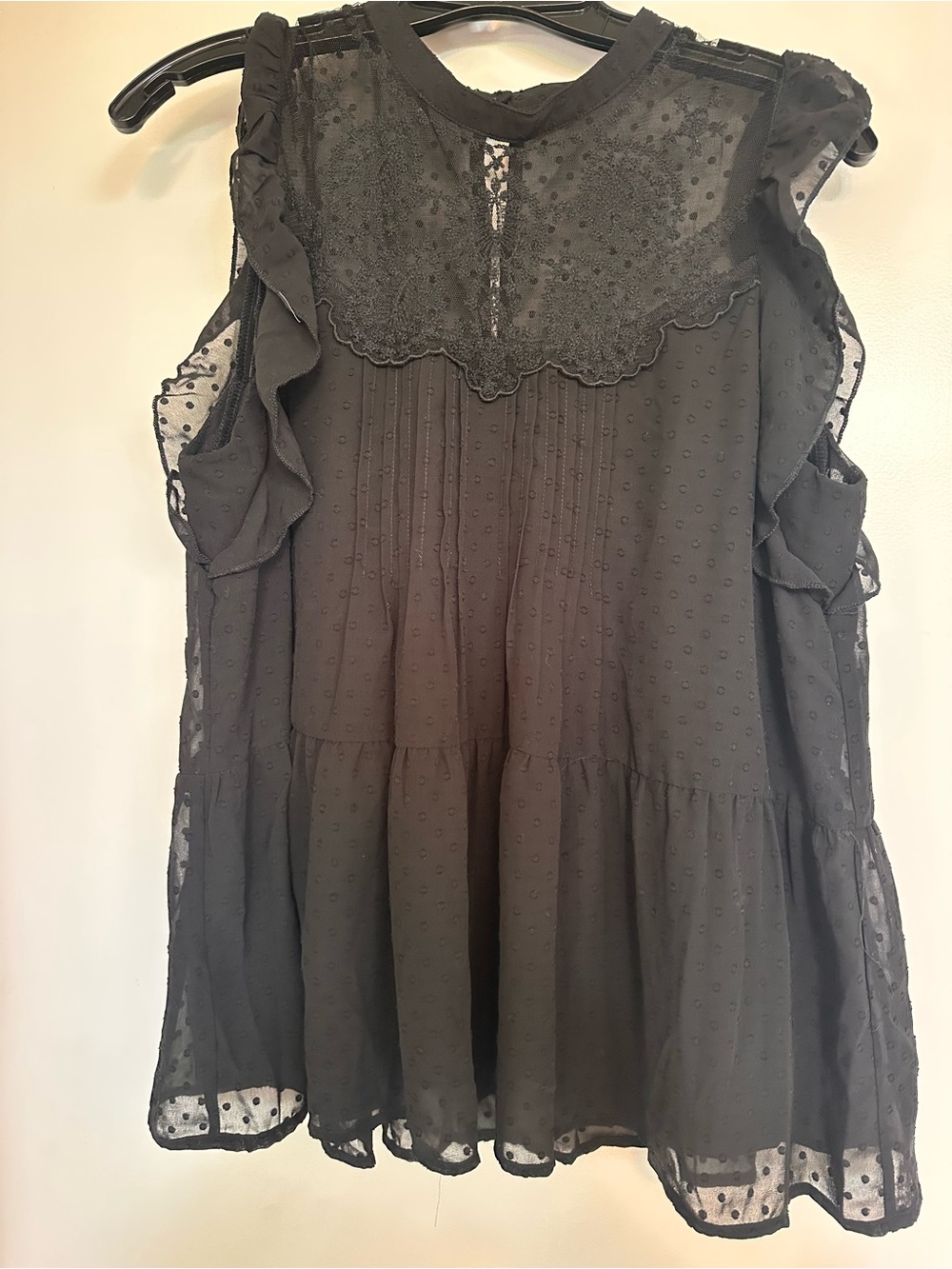 entro Black Swiss Dot Ruffle Lace Yoke Camisole